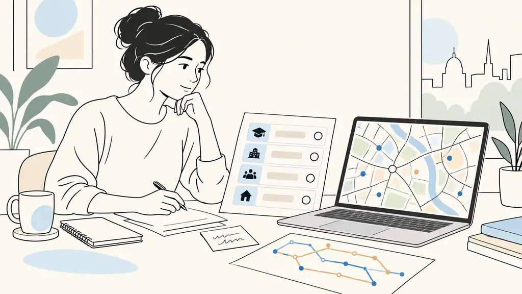 Adult learner comparing a list of training centers with a city map on a laptop, a handwritten postcode and a public transport route visible on the desk, natural editorial photography, no text or logo