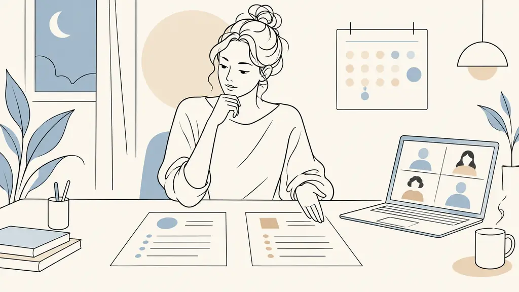 Adult learner comparing two printed course outlines beside an evening calendar and a laptop showing a remote classroom, natural editorial photography, no readable text or logo