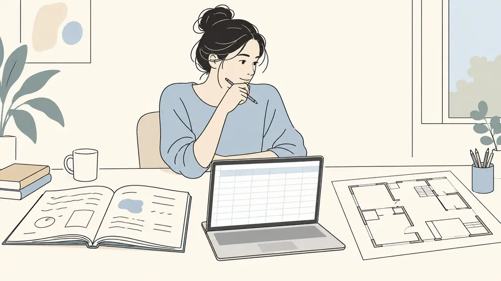 Adult learner at a desk comparing an English workbook, a spreadsheet open on a laptop, and a building plan, natural editorial photography, no text or logo