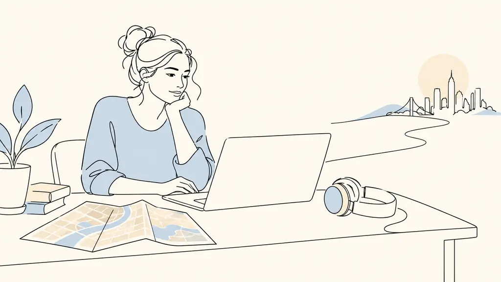 Adult learner searching for training on a laptop beside a folded city map and headphones for remote learning, natural editorial photography, no text or logo