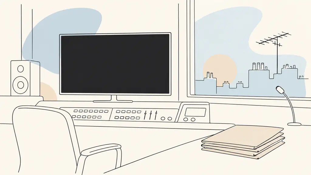 Editorial photograph of a French broadcast control room with one dark television monitor, a rooftop TV antenna visible through the window, and regulatory folders on a desk, no text, no logos