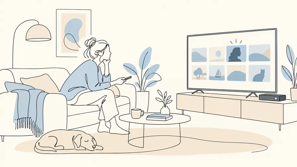 Editorial photograph of a person searching for a specific television show on a streaming app, with a remote control and an internet provider set-top box nearby, no text, no logos