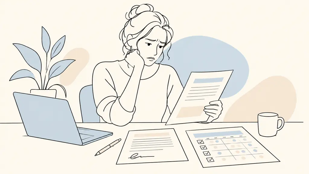 A concerned adult reviewing a debt collection letter at a desk, with a signed training contract and payment schedule beside a laptop, editorial photography, no text, no logo