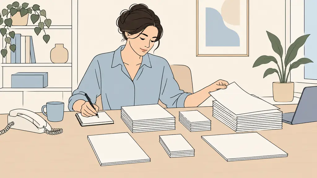 An adult organizing emails, payment receipts and a training contract on a home office desk while taking notes beside a telephone, editorial photography, no text, no logo