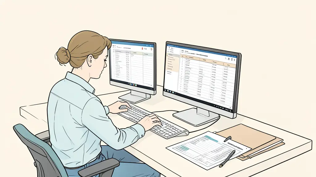 Office employee checking invoice data on two computer screens, contract folders and order tracking sheet on desk