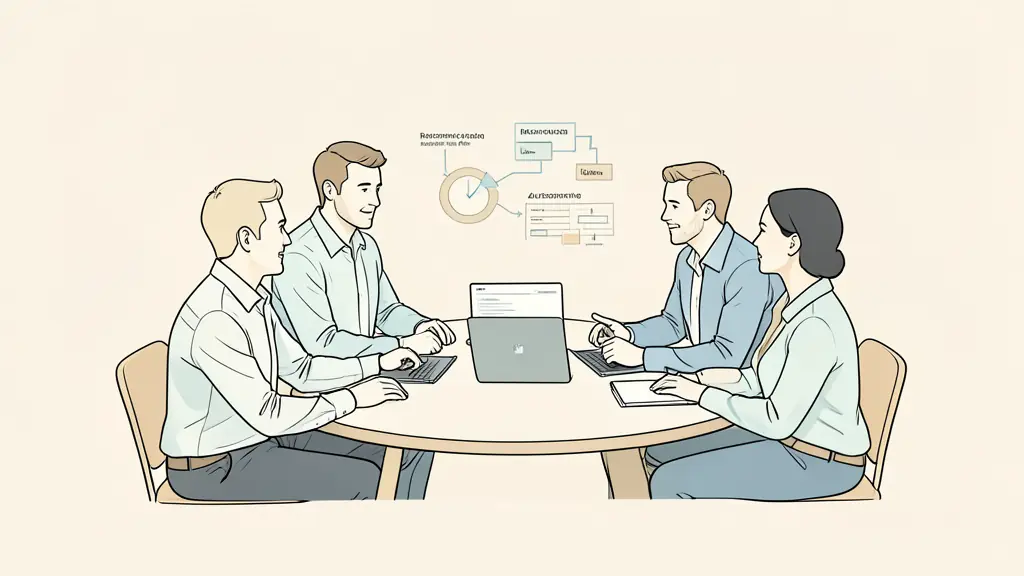 Management team comparing training, recruitment and outsourcing options around a table, workflow chart and secure laptop visible
