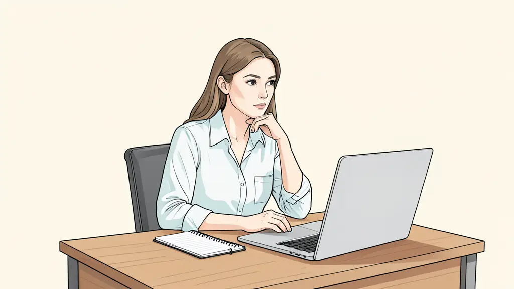 A professional woman sitting at a wooden desk with a notebook and a laptop, looking thoughtful and organized, daylight office setting, editorial style