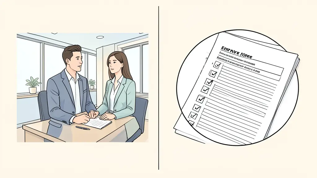 A split screen showing a professional interview in a bright office and a close-up of a detailed professional synthesis document with a checklist, editorial style
