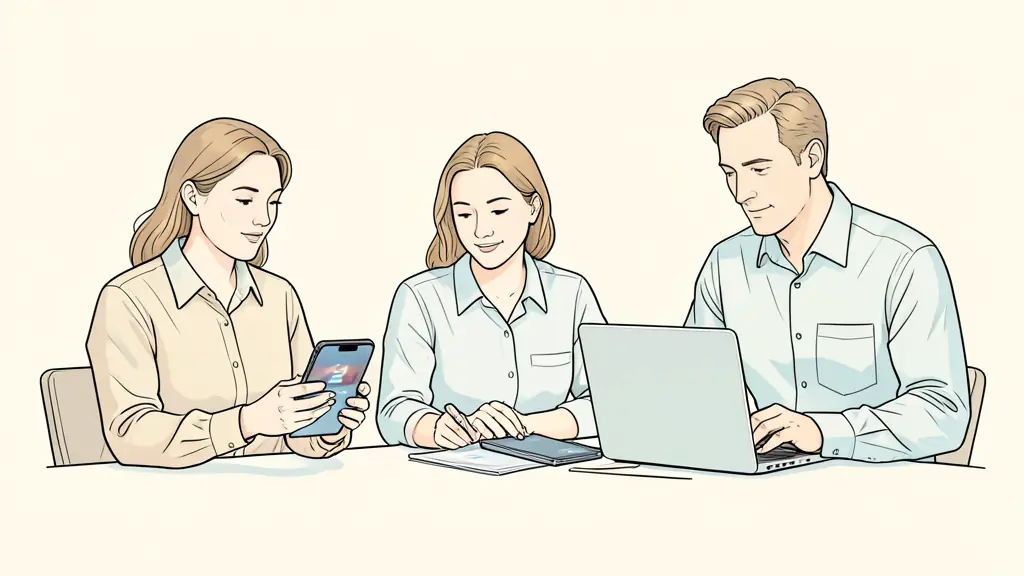 Three office employees comparing a personal smartphone, an approved tablet and a company-owned laptop, IT administrator checking device settings nearby, editorial photography, no text or logo