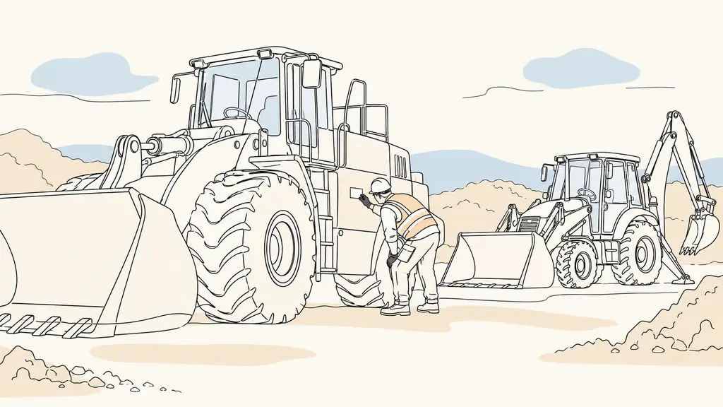 construction worker inspecting the manufacturer plate of a large wheeled loader over six tonnes beside a backhoe loader on an earthmoving site, no text, no logo