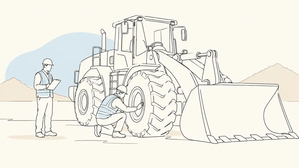 trainee inspecting the tires of a large wheeled loader before performing a material loading exercise under an evaluator's supervision, no text, no logo