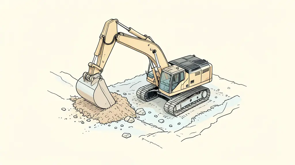 Professional construction site with a hydraulic excavator moving soil with its bucket, high angle shot, industrial setting