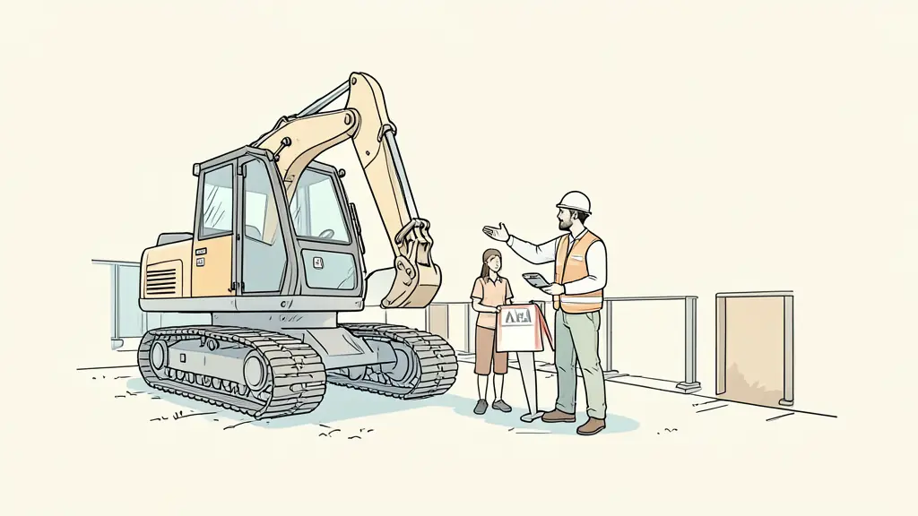 Instructor explaining safety rules to a student next to a construction machine, outdoor training center, pedagogical atmosphere