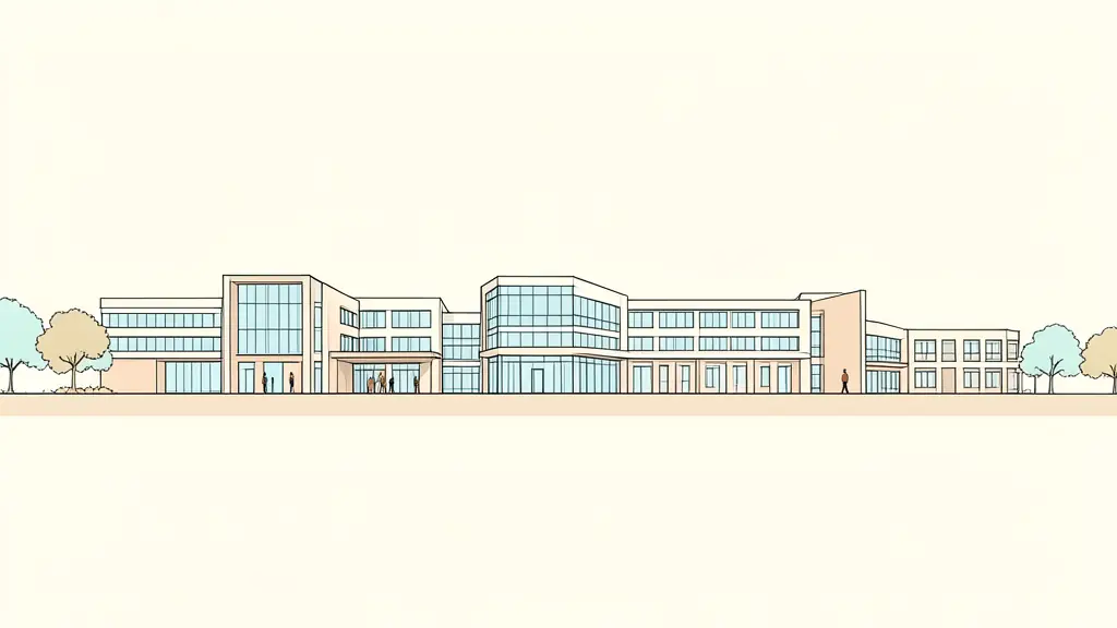 A wide shot of a modern technical campus building in Normandy, showcasing contemporary architecture and a professional educational environment