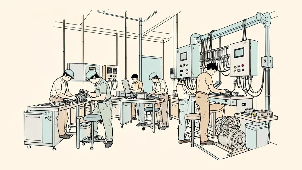 A detailed shot of a technical workshop with professional equipment, showing students working on electrical panels and mechanical components