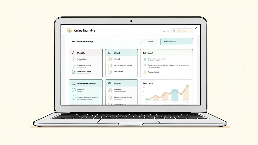 A close-up of a professional laptop screen displaying a structured online learning module with checklists and business charts, editorial style, high quality