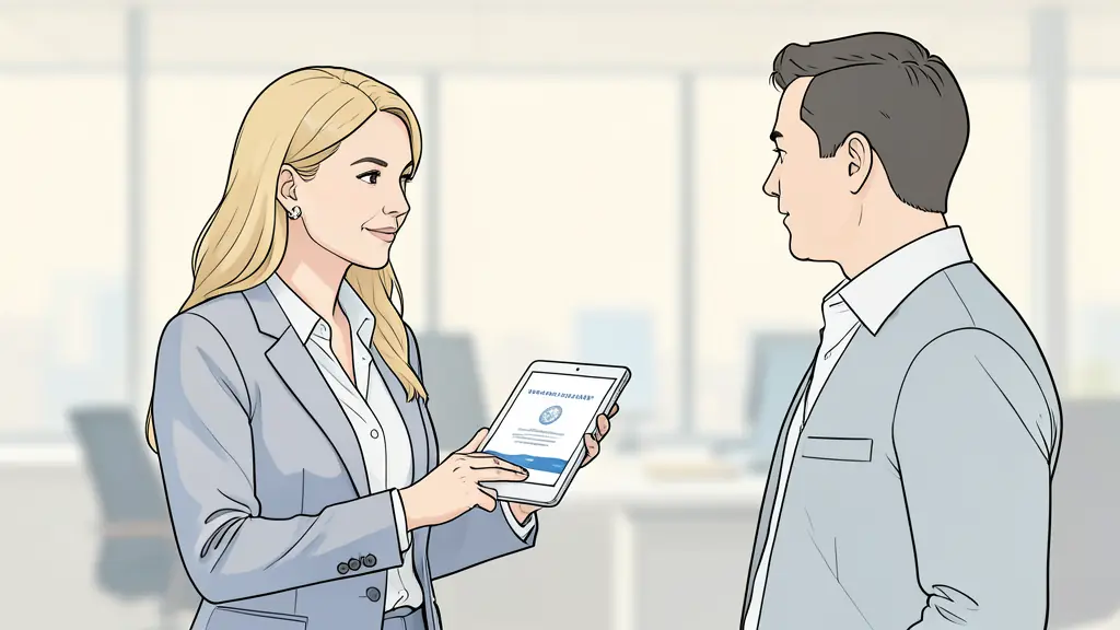 A professional woman in a modern office showing a digital certification on a tablet to a manager, blurred office background, editorial style