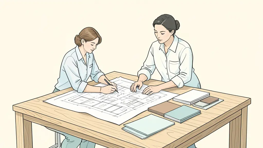 A professional interior designer working on technical blueprints and material samples on a large wooden table in a bright studio