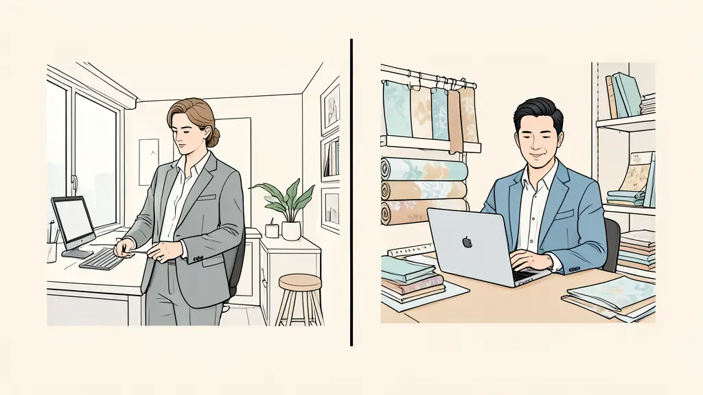 A split screen showing a professional in a corporate office environment and another in a creative home studio with fabric samples and a laptop
