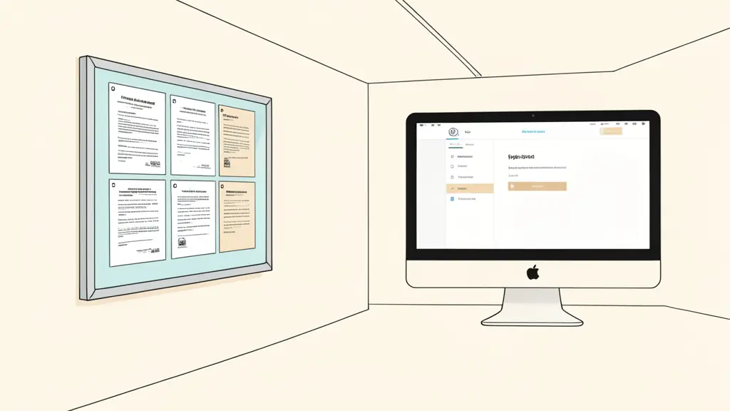 A professional office hallway with a corporate notice board displaying official documents and a computer screen showing a login page