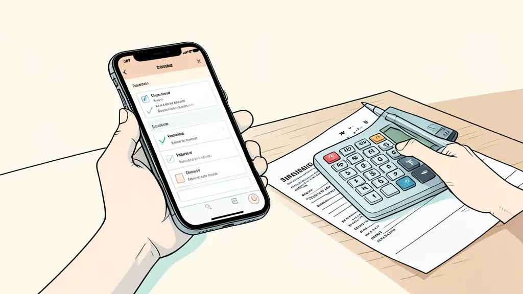 A close-up of a hand holding a smartphone displaying a checklist app next to a printed invoice and a calculator on a wooden desk