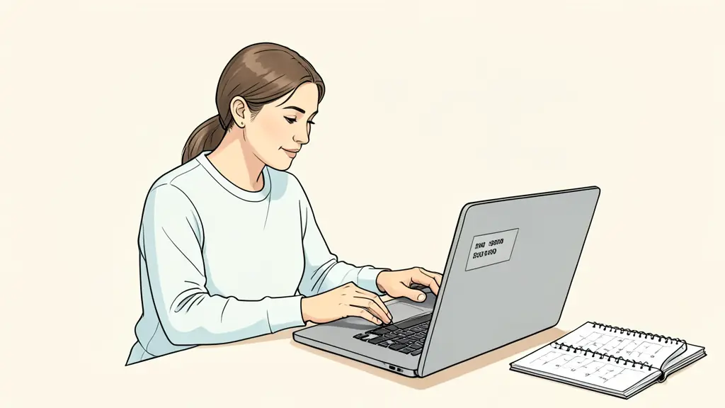 An adult learner reviewing a training session on a laptop, a calendar open beside the computer, payment details visible without readable text