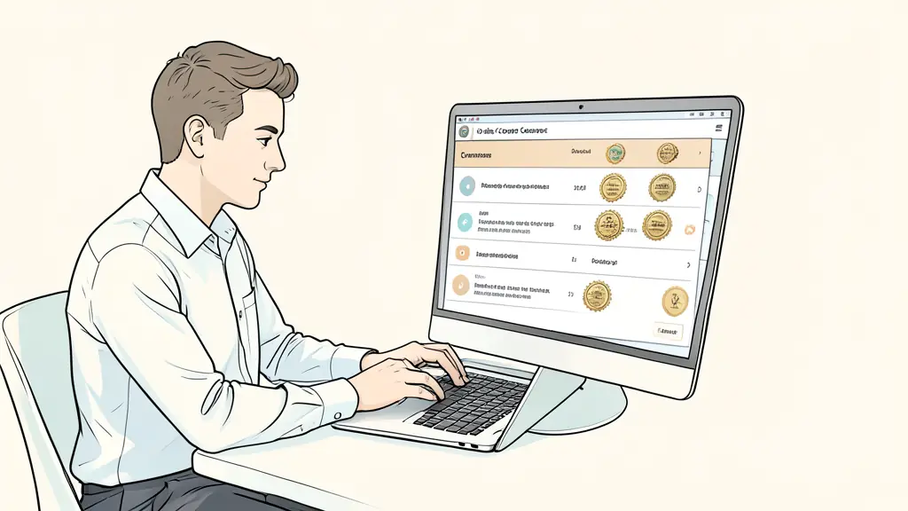A professional person working on a laptop in a bright office, looking at a structured online course catalog with certification badges