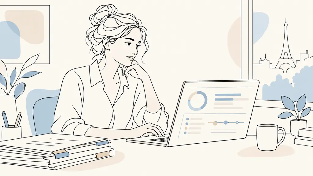 French office worker checking her CPF balance and rights history on a laptop, with employment documents beside the keyboard, realistic editorial photography, no visible text or logo