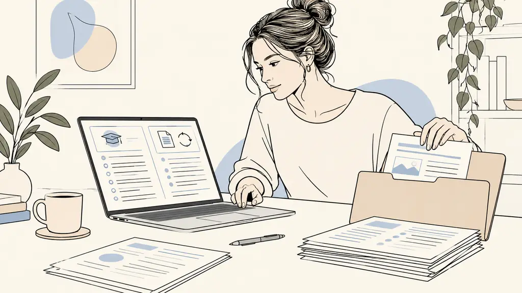 Woman comparing a detailed training program and cancellation terms on a laptop while saving printed provider information in a folder, realistic editorial photography, no visible text or logo