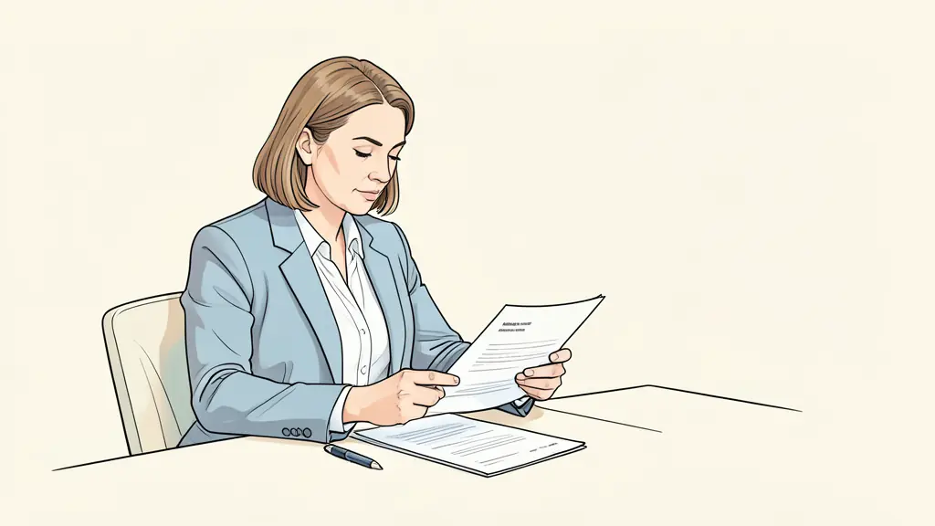 A professional woman in her late 30s reviewing a formal administrative document in a bright office, focused expression, official government-style paperwork on the desk
