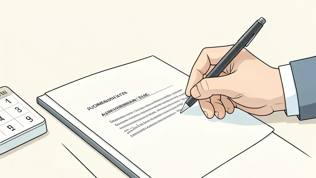 Close-up of a hand signing a formal authorization letter, professional office setting, a calendar and a pen visible on the desk