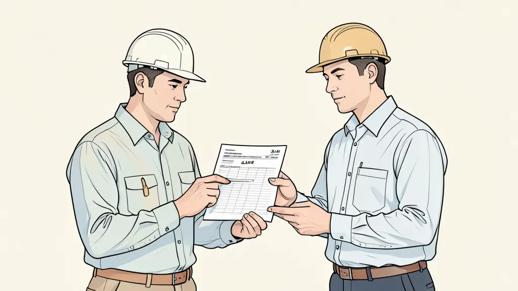 Construction employee reviewing a leave certificate with a payroll manager, worksite schedule and safety helmet visible, editorial photography, no text, no logo