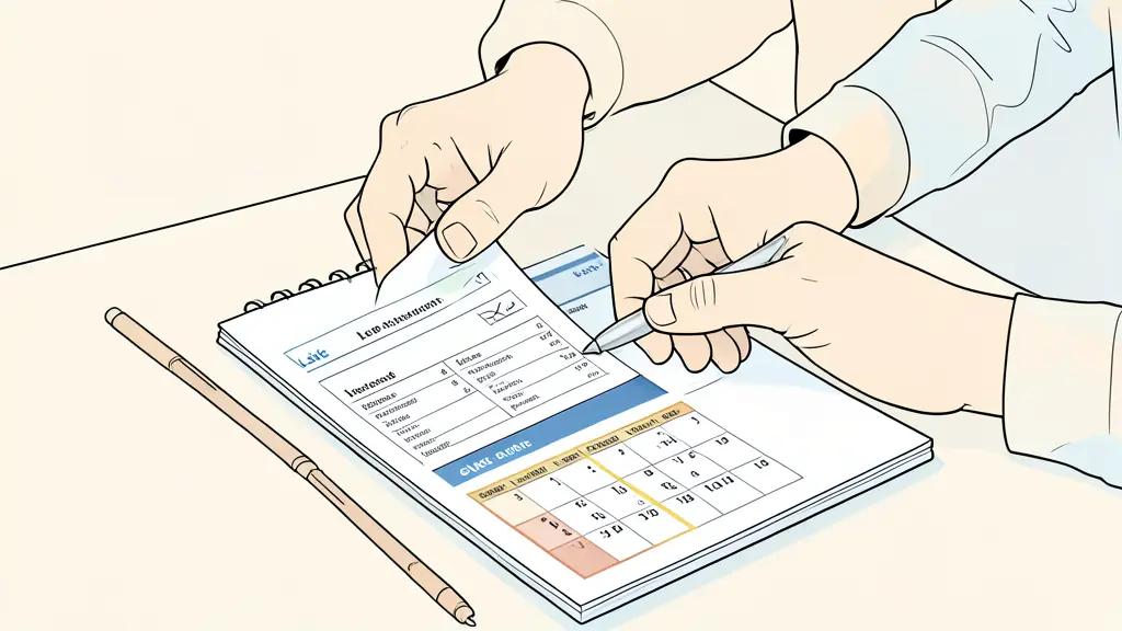 Close-up of a construction worker comparing payroll slips and a leave statement, calendar and highlighted employment periods on a desk, editorial photography, no text, no logo