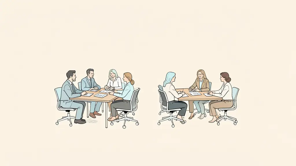 Editorial photograph of four business teams of increasing size, a small office with eight coworkers, financial documents on a meeting table, no text or logos