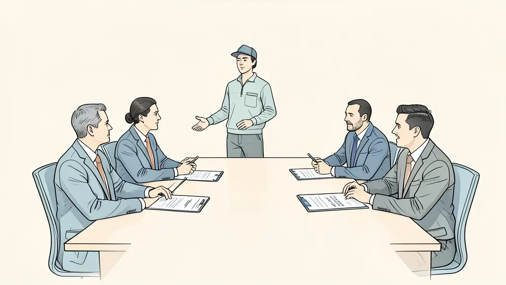 Editorial photograph of a supplier presenting to a corporate buying committee, procurement and legal specialists around a conference table, compliance documents visible, no text or logos