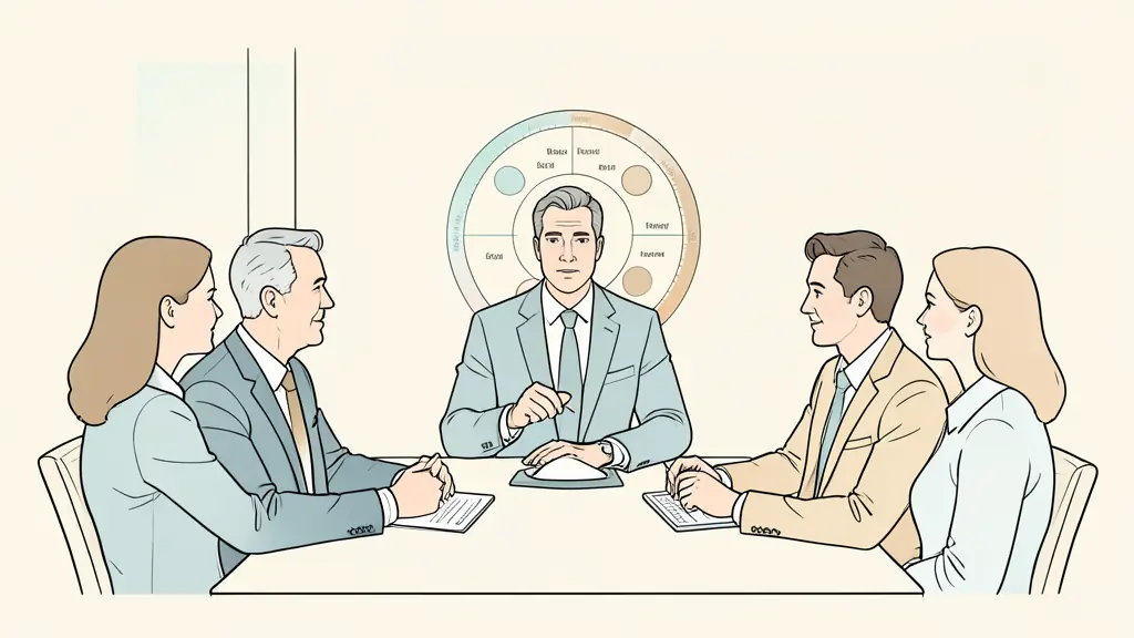 A professional business meeting in a bright office, a manager looking at a circular feedback chart with colleagues, editorial style, candid shot