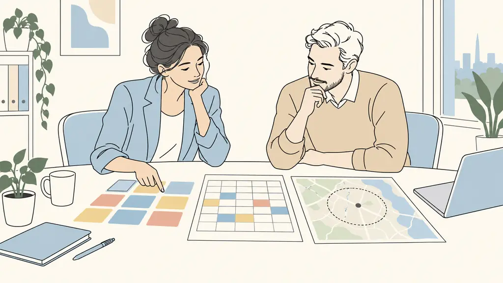Editorial photograph of a career adviser and an adult professional reviewing color-coded skill cards, a weekly availability calendar and a regional map marked with a commuting radius, natural office setting, no text, no logo