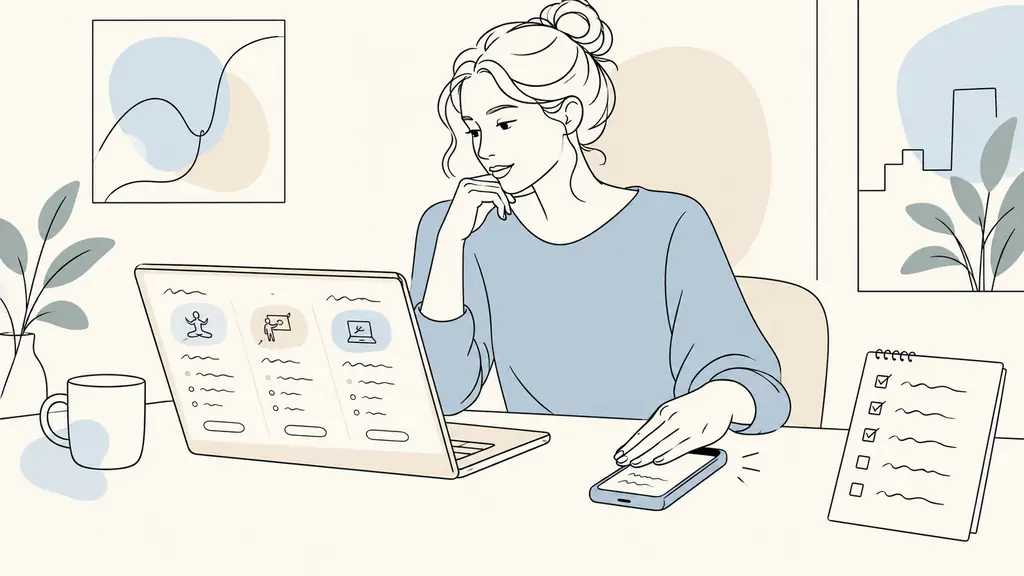 A woman comparing training dates and payment details on a laptop while keeping her smartphone verification code private, with a handwritten checklist beside her, no visible text or logos