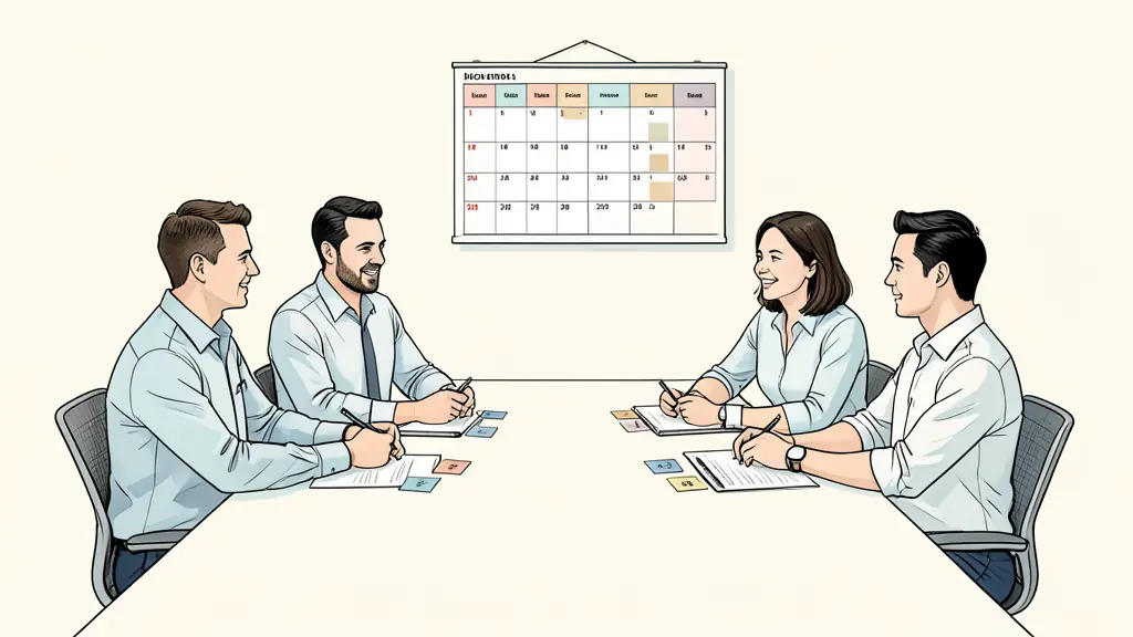 project team around a meeting table, color-coded task cards and a wall calendar, editorial photography, no text, no logo