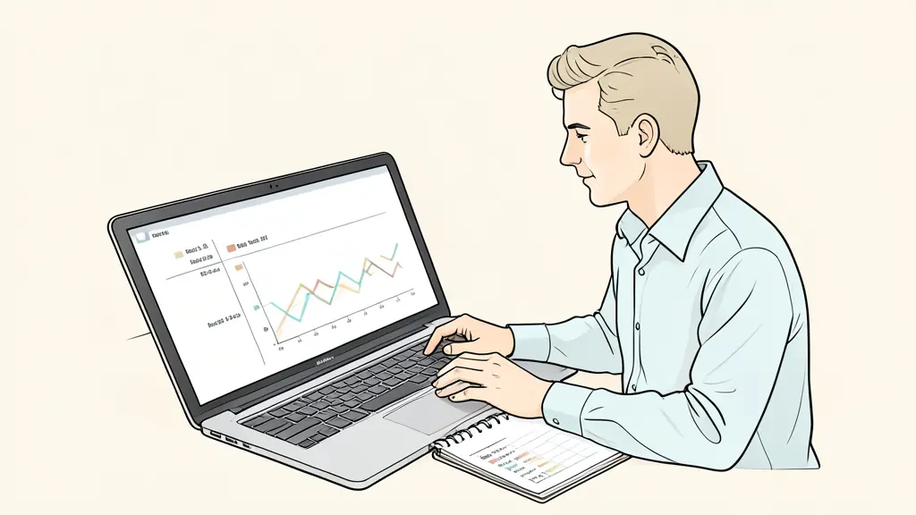 manager reviewing a project progress chart on a laptop, notebook with review dates and colored status markers, editorial photography, no text, no logo