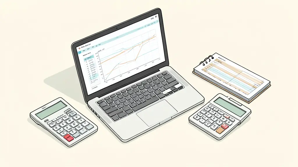 A professional accountant's desk with a laptop showing a balance sheet, a calculator, and structured accounting ledgers, editorial style, high angle, soft office lighting