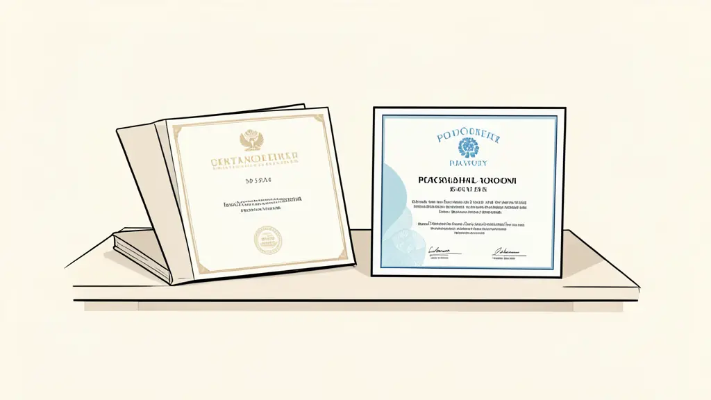 A professional desk with a university diploma and a modern professional certificate side by side, clean office background, editorial style