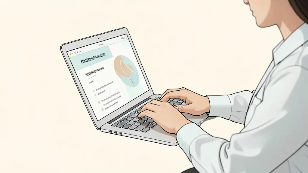 Close up of a person using a laptop to access a professional training account, soft natural lighting, corporate editorial style