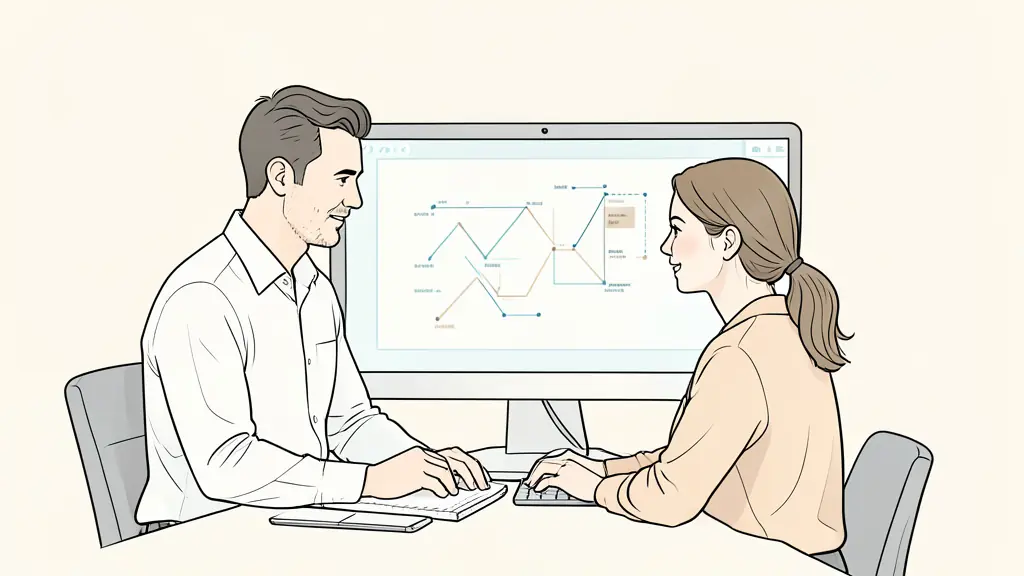 A professional office setting with a mentor and a student looking at a structured roadmap on a screen, focused and collaborative atmosphere