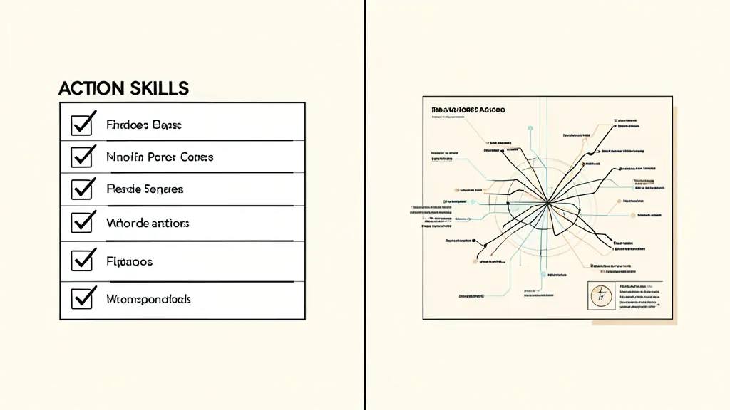 A split screen showing a fast-paced action plan checklist on one side and a detailed professional skills map on the other